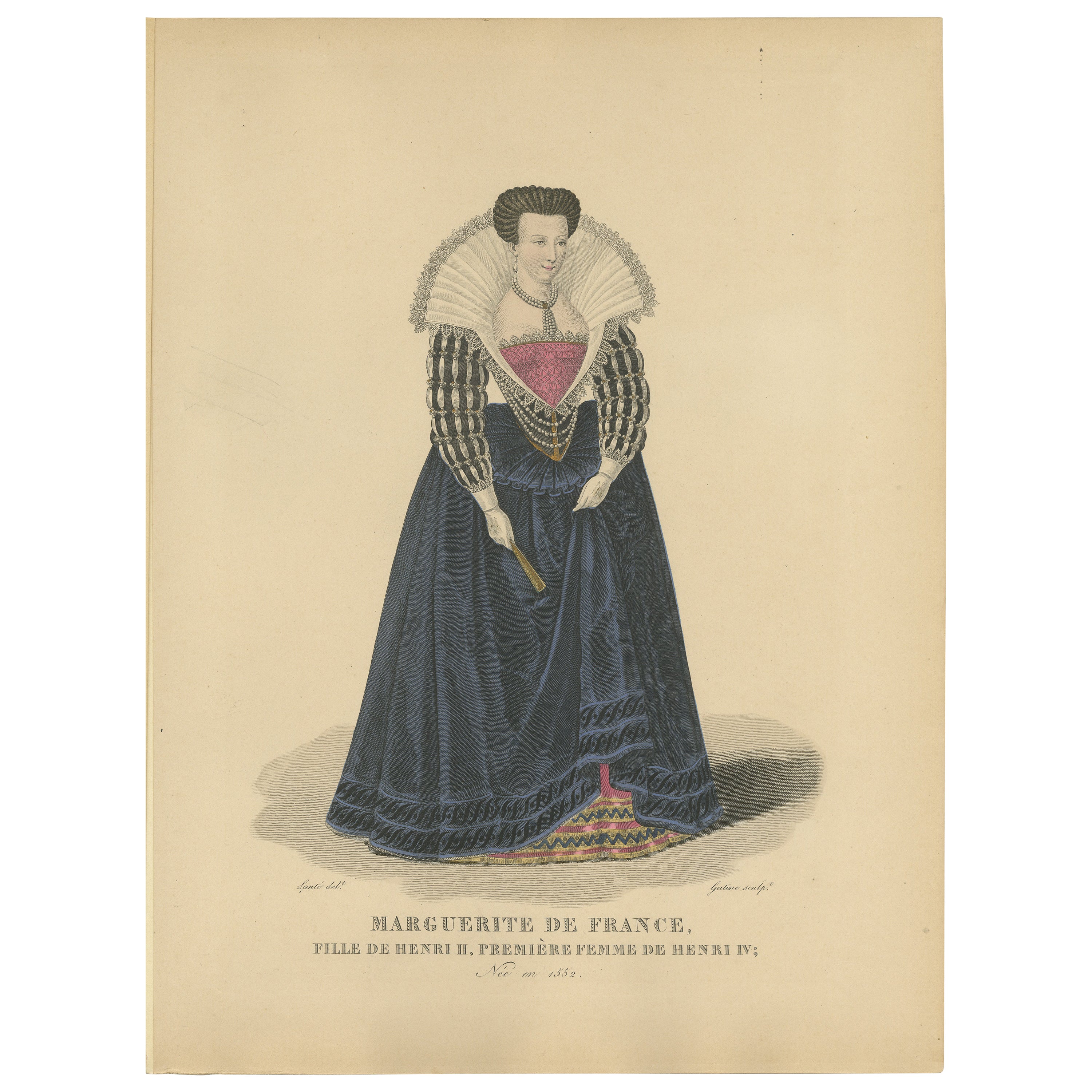 Gravure colorée à la main de Margaret de Valois, une princesse française, 1900