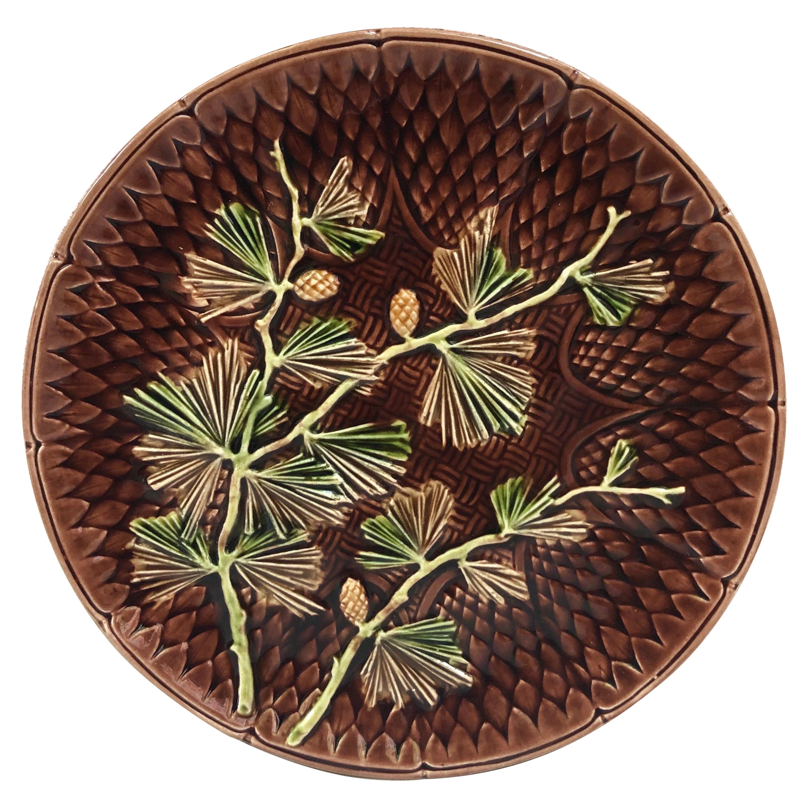 Rare French Majolica Pine Needles Plate Sarreguemines Majolica circa 1870