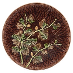 Rare French Majolica Pine Needles Plate Sarreguemines Majolica circa 1870
