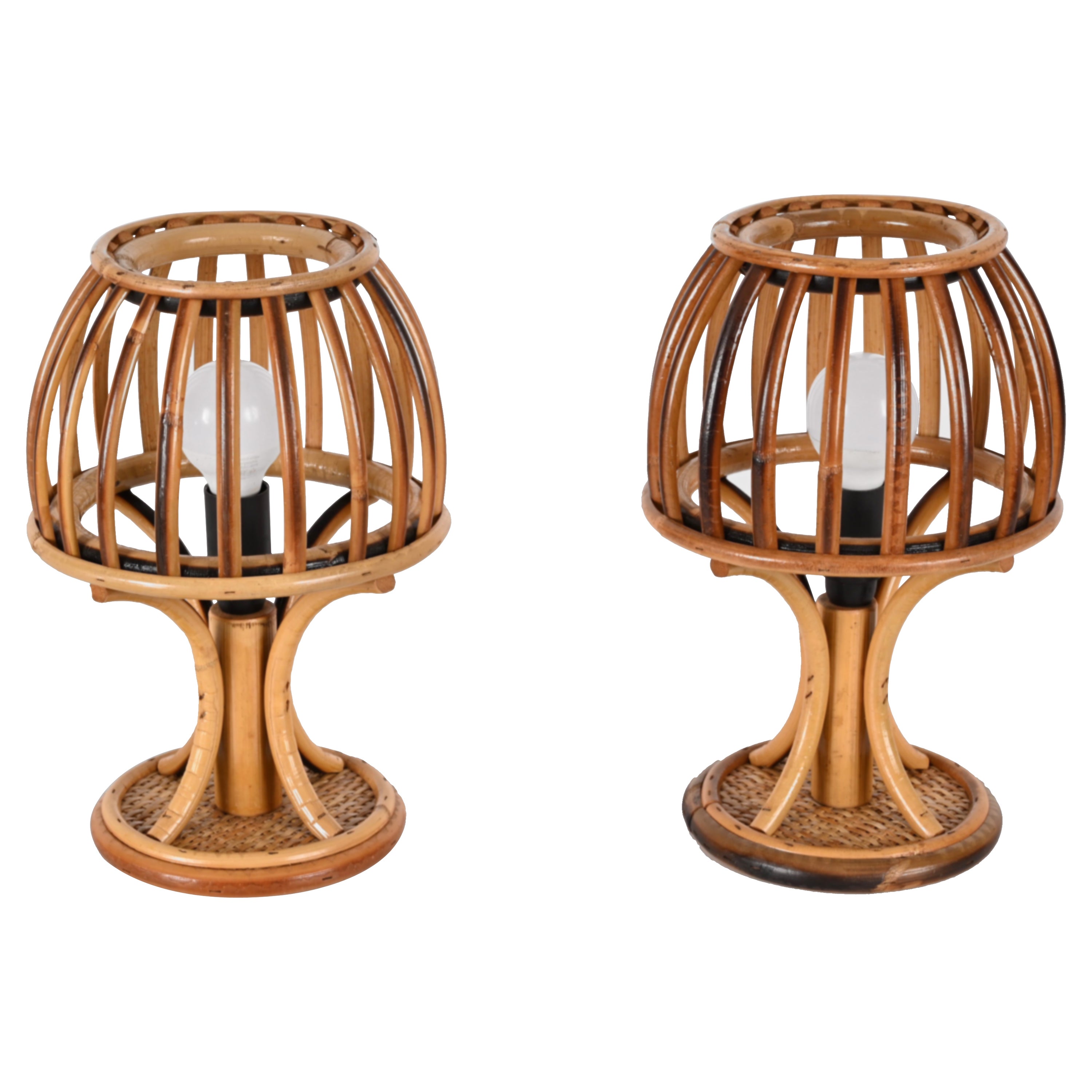 Pair of Midcentury Rattan and Bamboo Table Lamps after Louis Sognot, 1960s