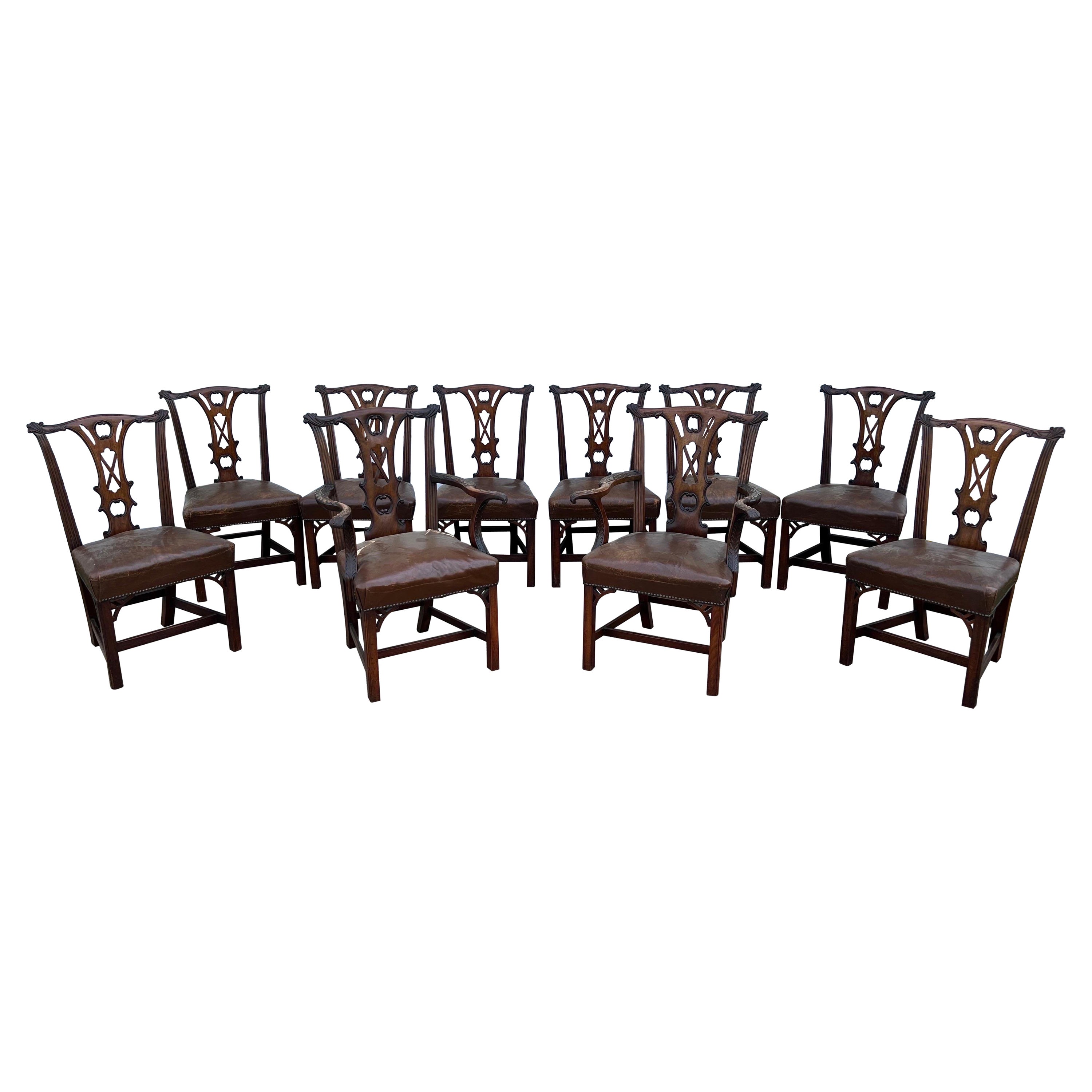 Très bel ensemble de dix chaises de salle à manger en acajou Chippendale irlandais du XVIIIe siècle  en vente