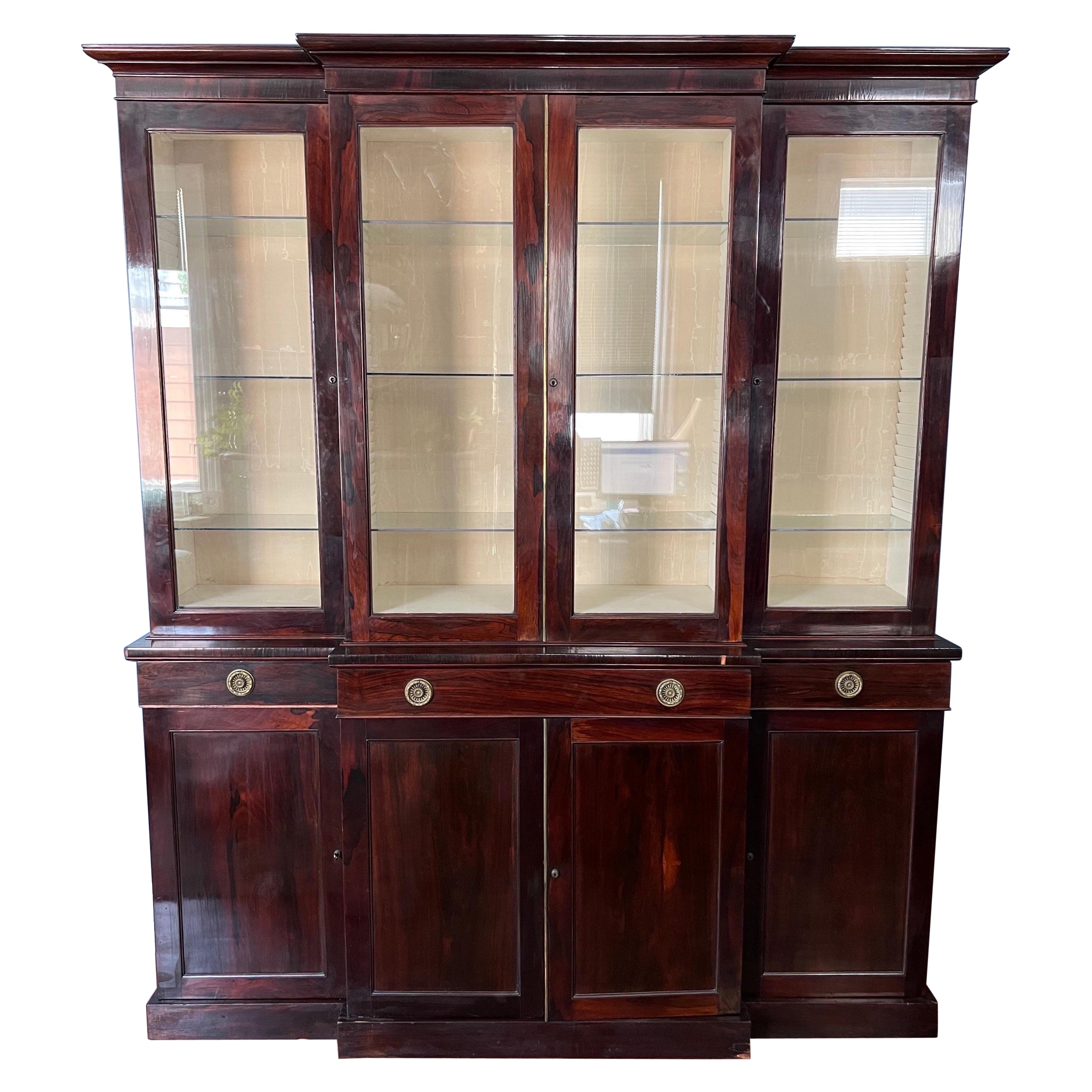 19th Century English Rosewood Breakfront Bookcase with Hidden Drawers