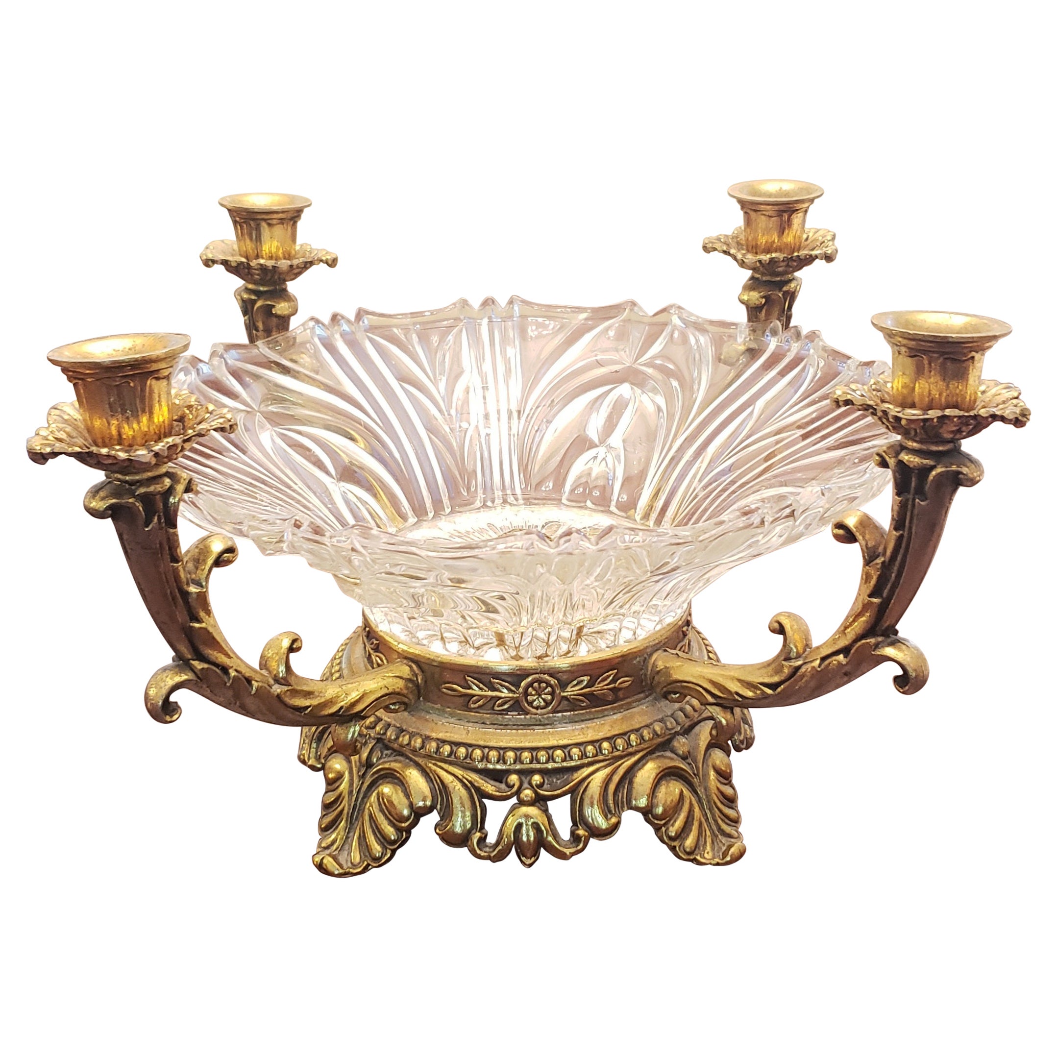 French 1890s Baccarat Gilt Bronze Cut Crystal Glass Candelabra Centerpiece