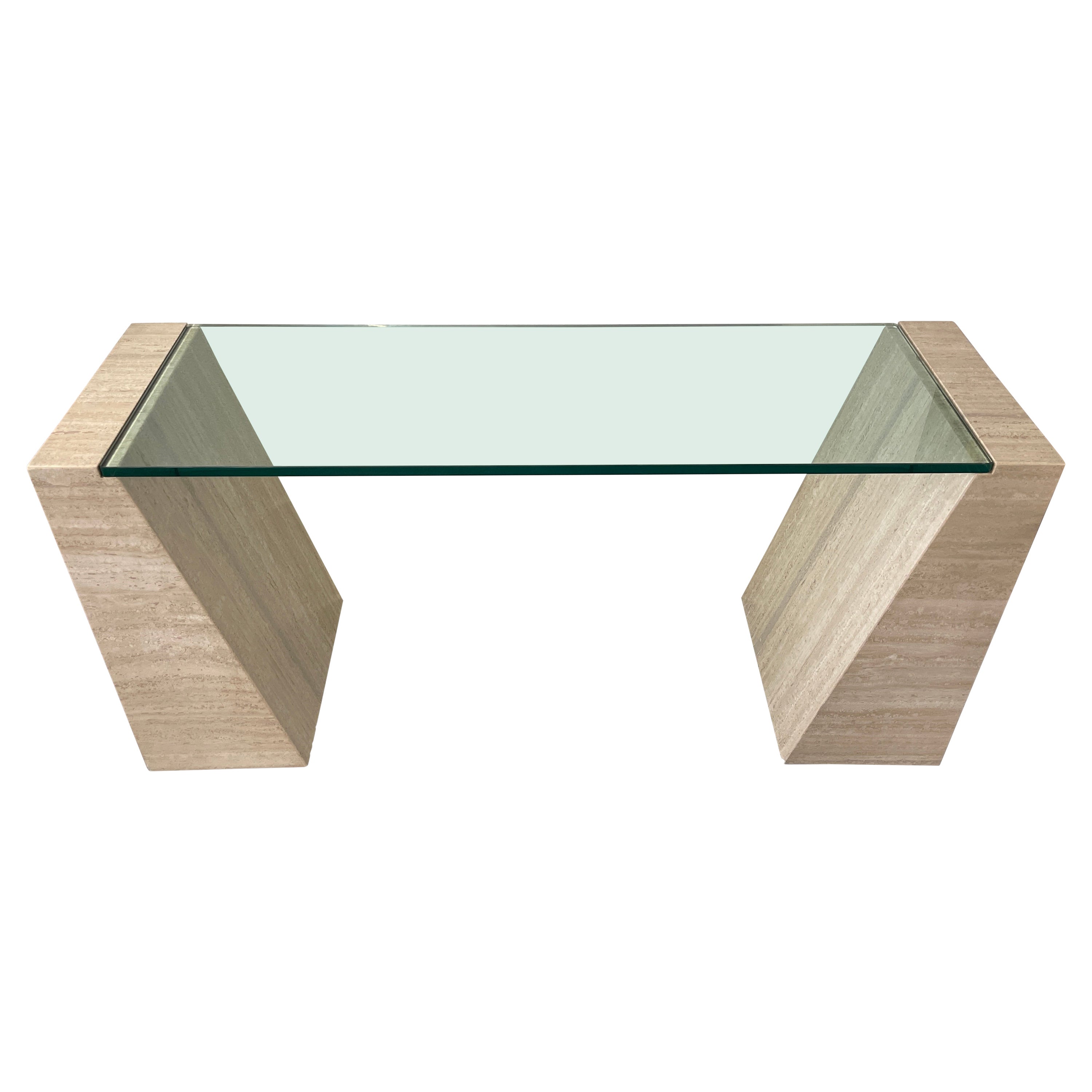 Travertine and Glass Console Table For Sale