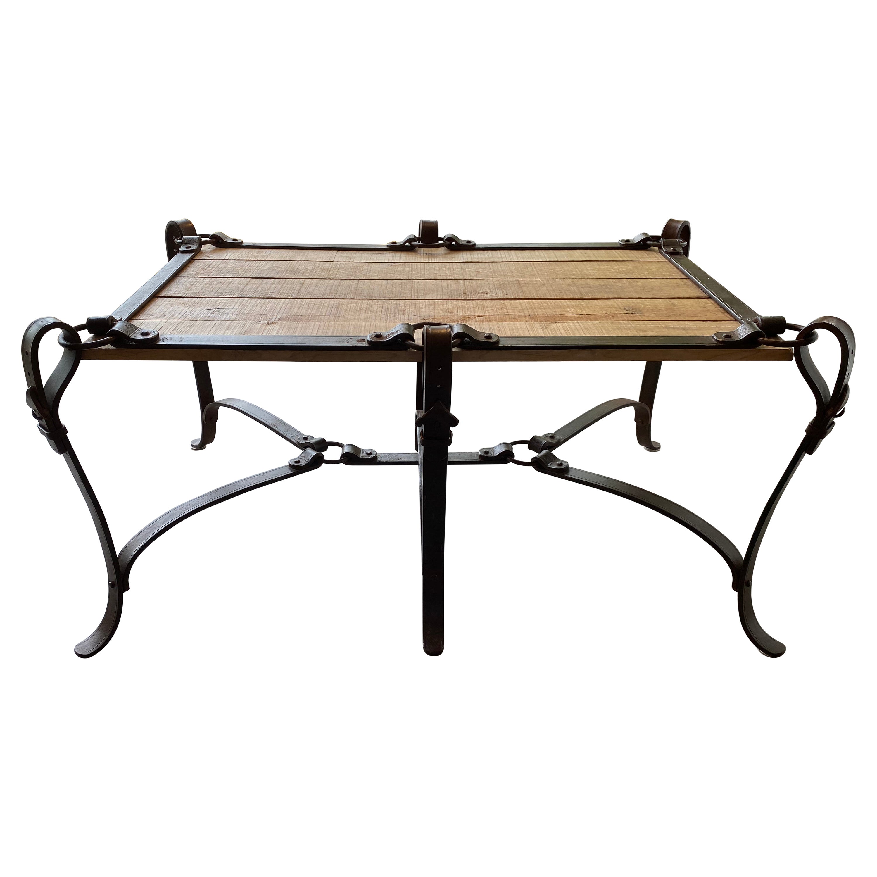 Hermes/Adnet Inspired Iron Belt Cocktail Table, Iron Base, Wood Top, Great Style For Sale
