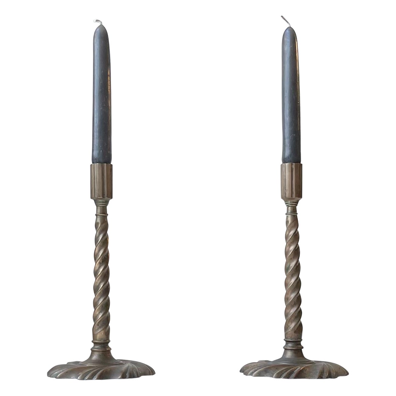 Gothic Twisted Column Candlesticks in Bronze, 19th Century, Set of 2 For Sale