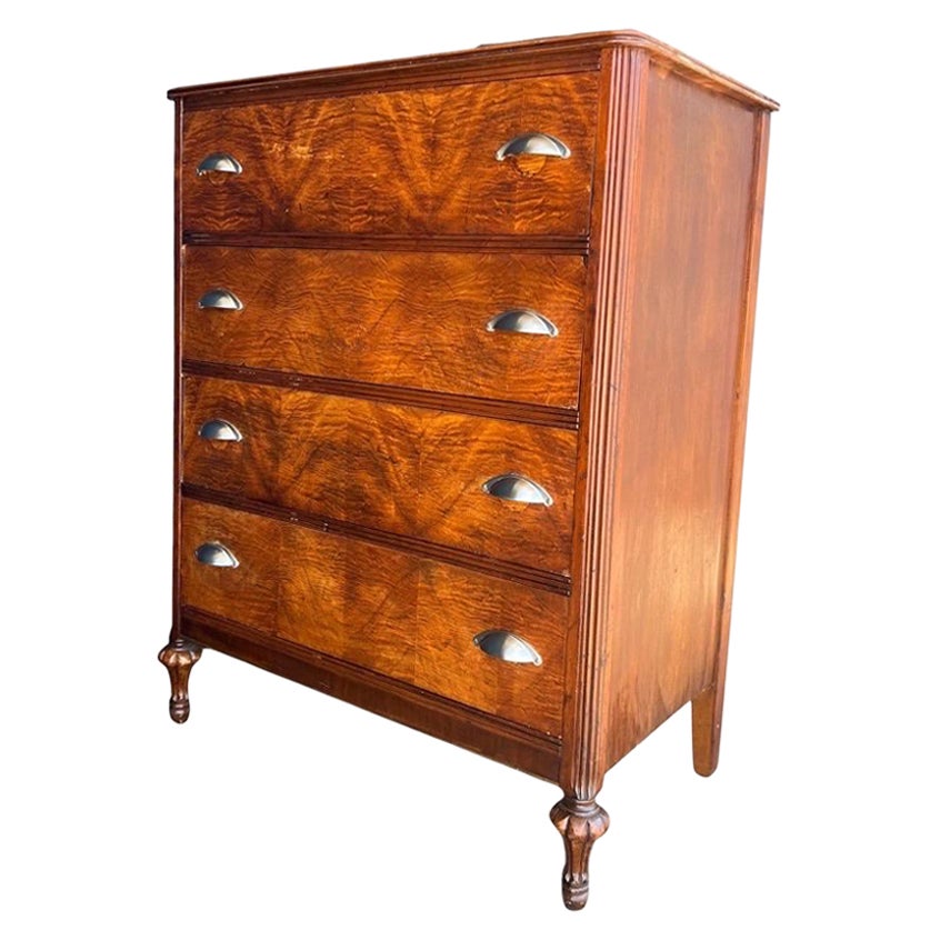 Vintage Mahogany and Burl Wood Veneer Dresser Cabinet Storage Drawers
