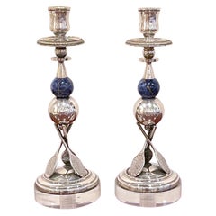 Vintage Pair of Italian Silver-Plated, Lapis & Lucite Tennis Motif Candlesticks