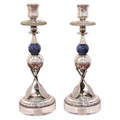 Pair of Italian Silver-Plated, Lapis & Lucite Tennis Motif Candlesticks