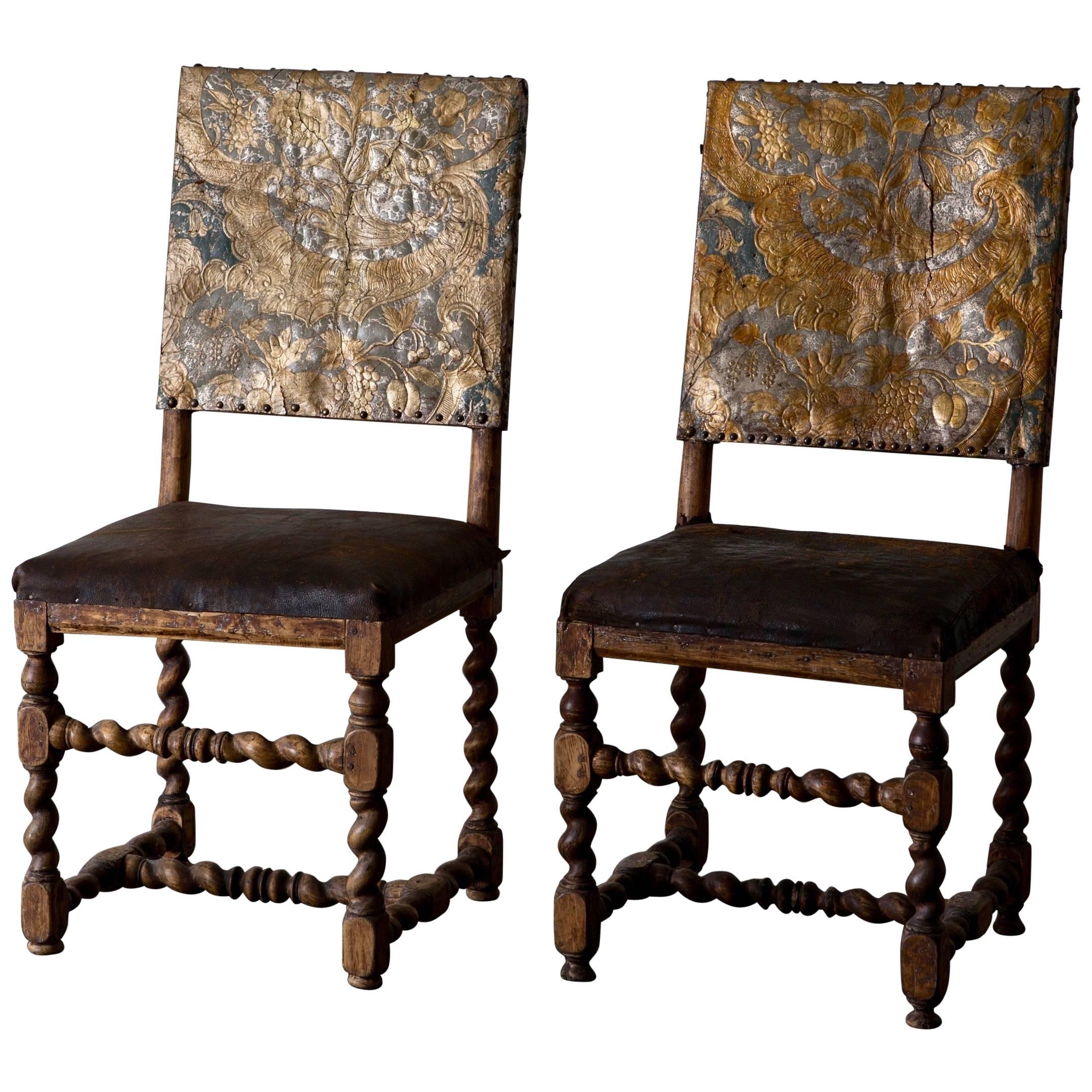 Chairs Pair Swedish Original Gilded Leather Baroque Period 18th Century Sweden
