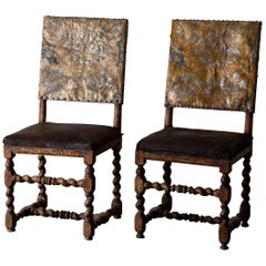 Chairs Pair Swedish Original Gilded Leather Baroque Period 18th Century Sweden