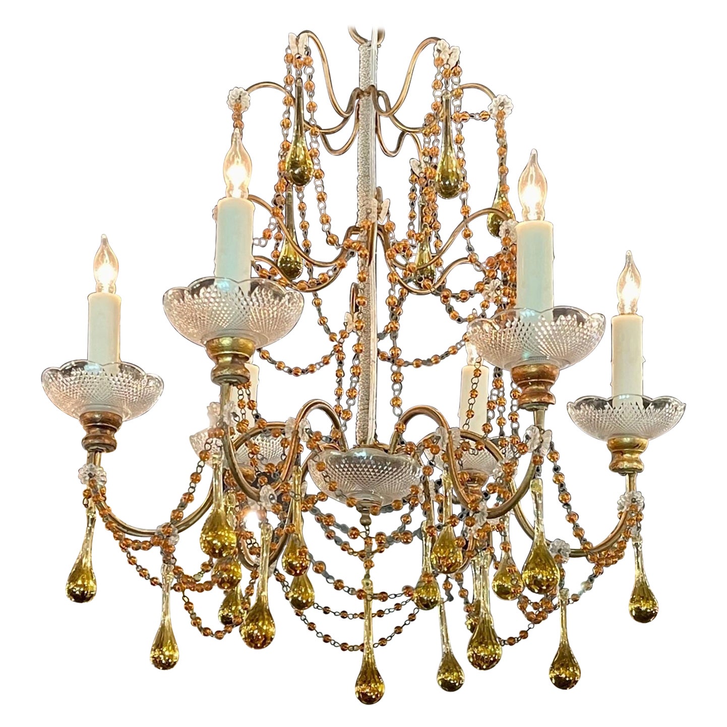 Vintage Italian Beaded Crystal and Amber Chandelier For Sale