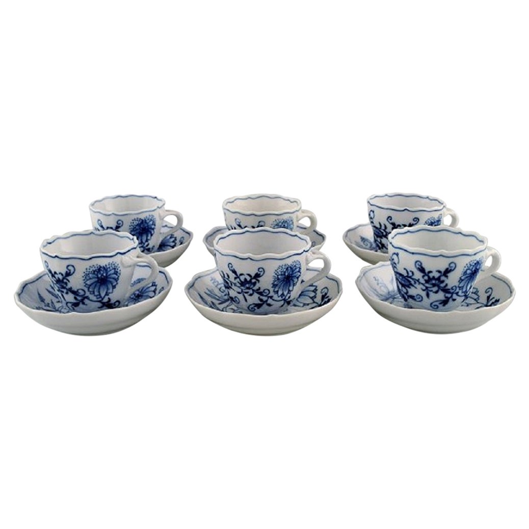 Six Meissen Blue Onion Coffee Cups with Saucers in Hand-Painted Porcelain
