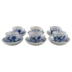 Six Meissen Blue Onion Coffee Cups with Saucers in Hand-Painted Porcelain