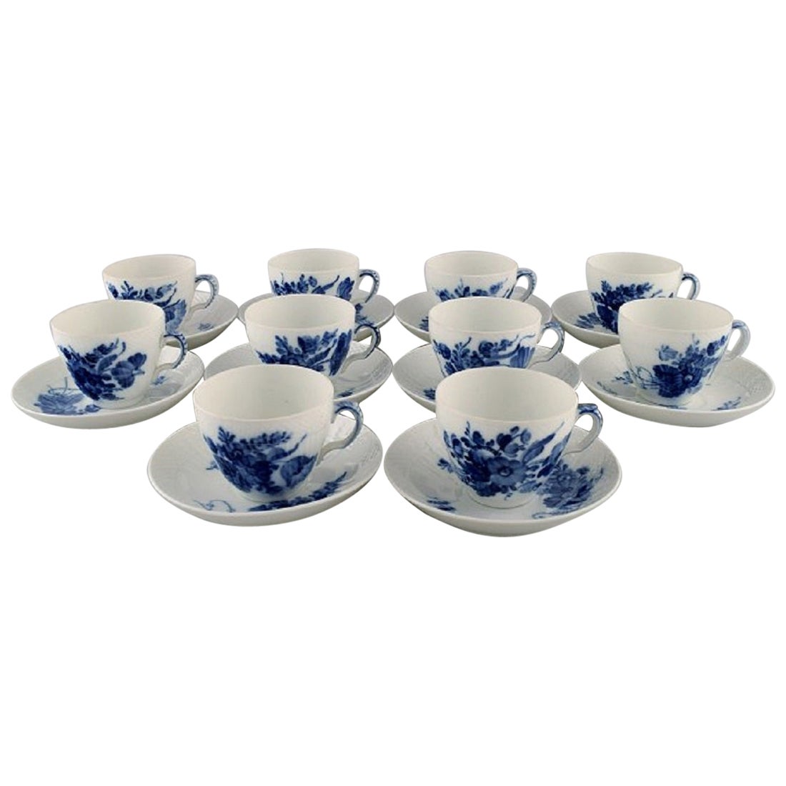 10 Royal Copenhagen Blue Flower Curved Coffee Cups with Saucers, 1960s