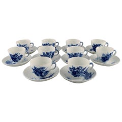 Retro 10 Royal Copenhagen Blue Flower Curved Coffee Cups with Saucers, 1960s