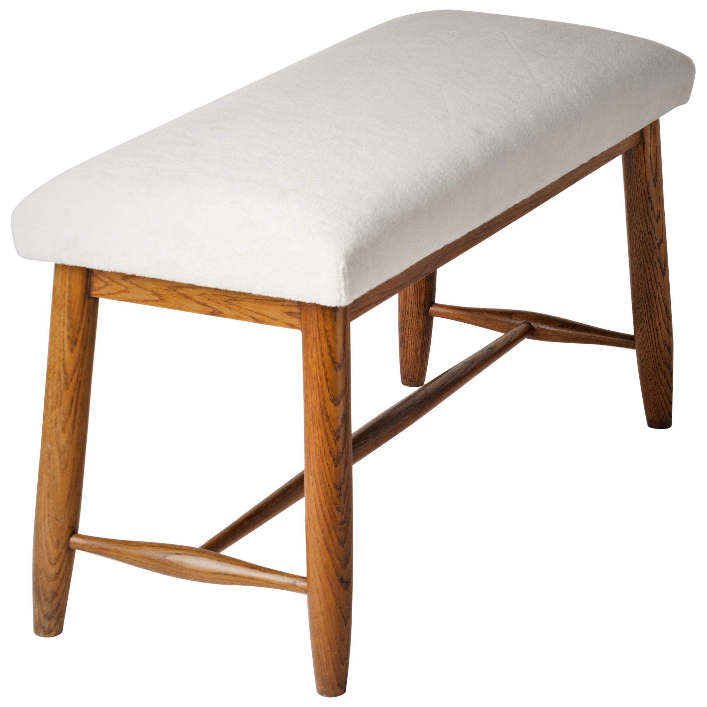 French Reconstruction Solid Oak and Off-White Frey Mohair Bench, France, 1950's