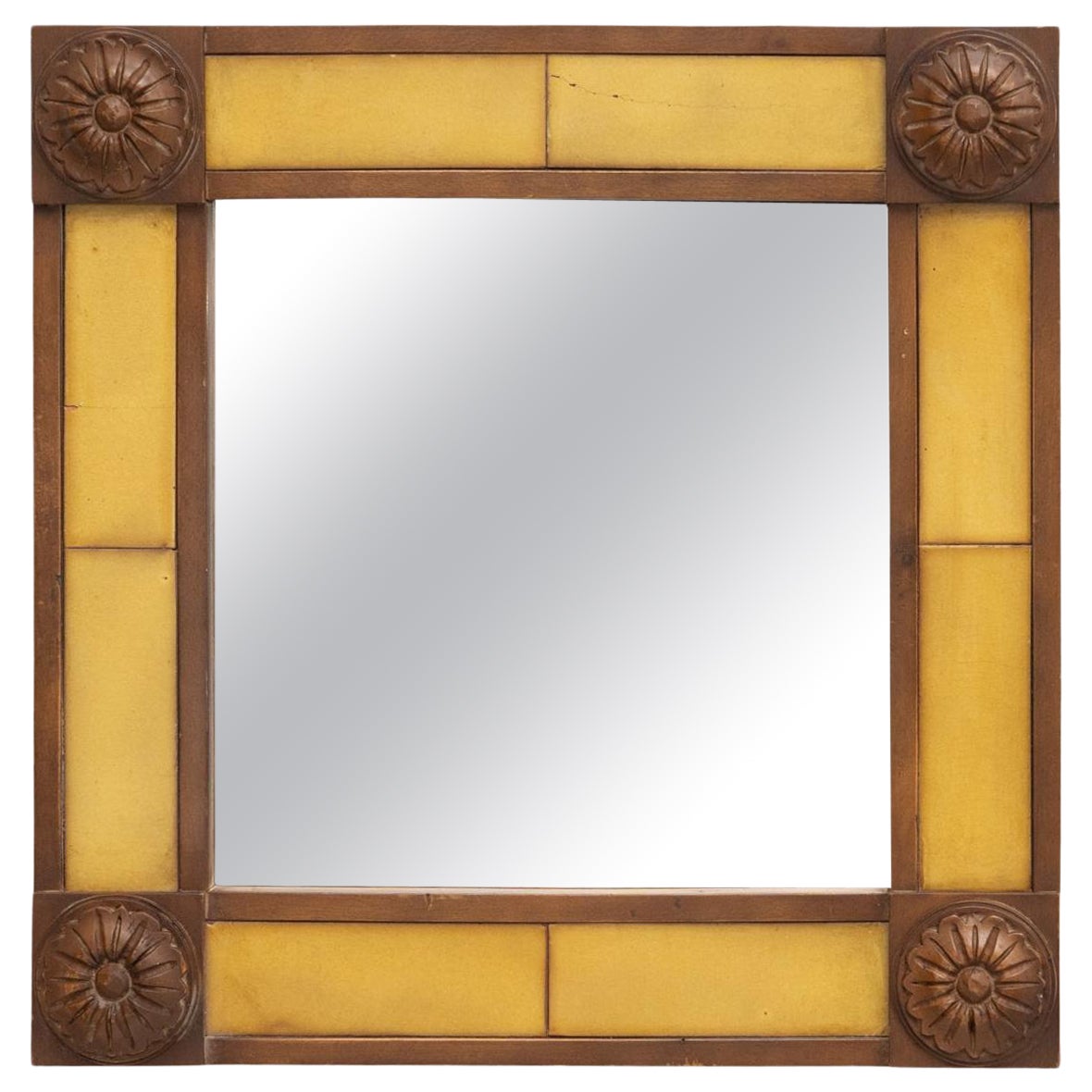 Early 20th Century Spanish Handcrafted Wood and Tile Made Mirror For Sale