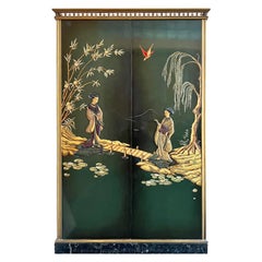 Antique 20th Century Chinese Green Lacquer Painted Two-Door Cabinet or Entry Piece