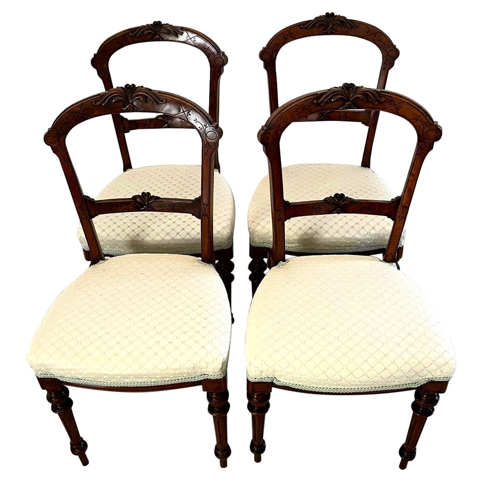 Set of 4 Antique Victorian Quality Carved Walnut Dining Chairs