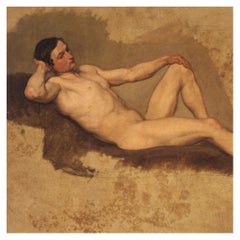 19th Century Oil on Paper Glued on Canvas French Male Nude Painting, 1870