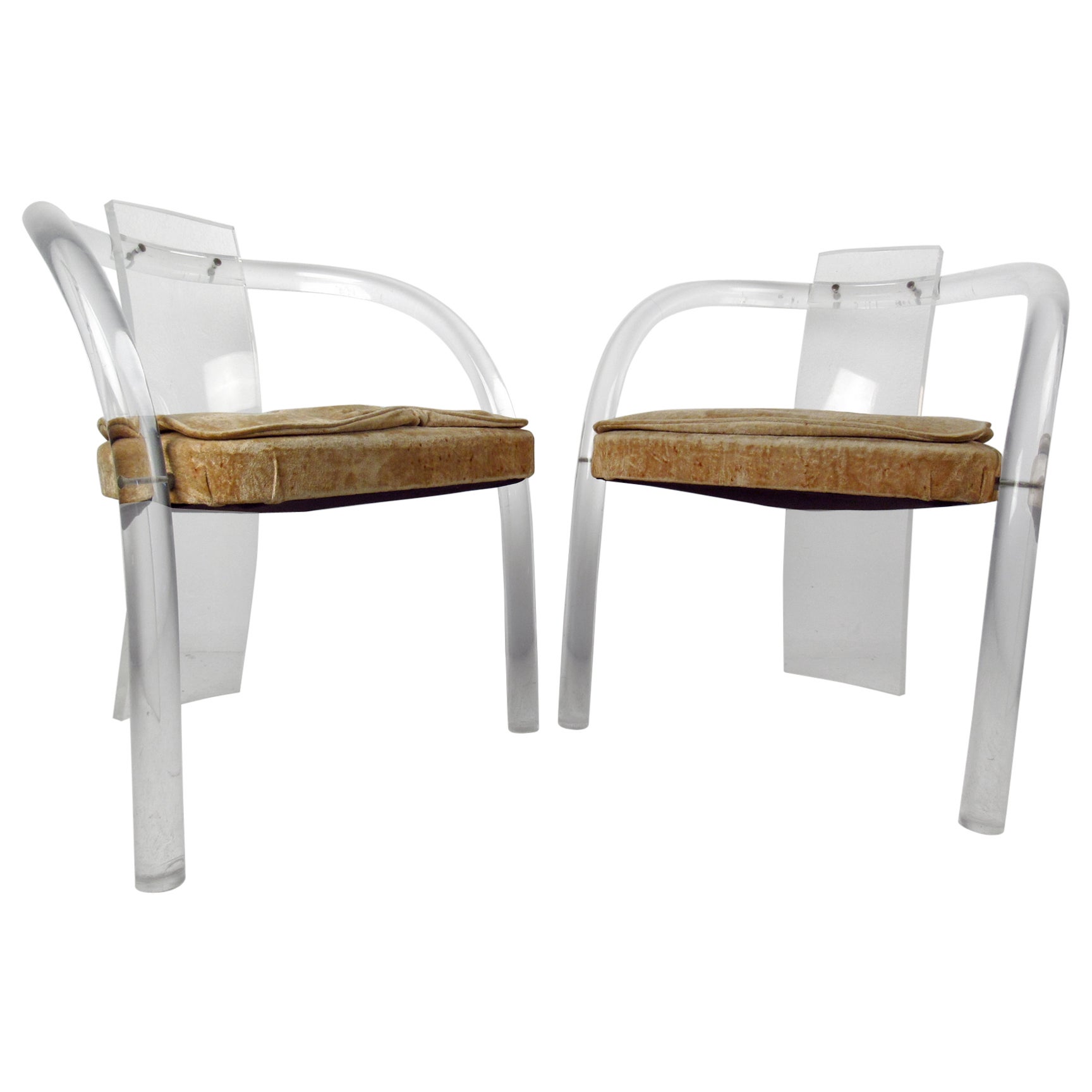 Pair of Mid-Century Modern Lucite Chairs with Upholstered Cushions For Sale