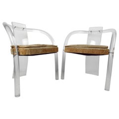 Pair of Mid-Century Modern Lucite Chairs with Upholstered Cushions