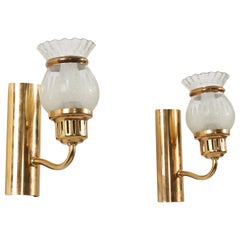 Swedish Designer, Wall Lights, Glass, Brass, Metal, Sweden, 1970s