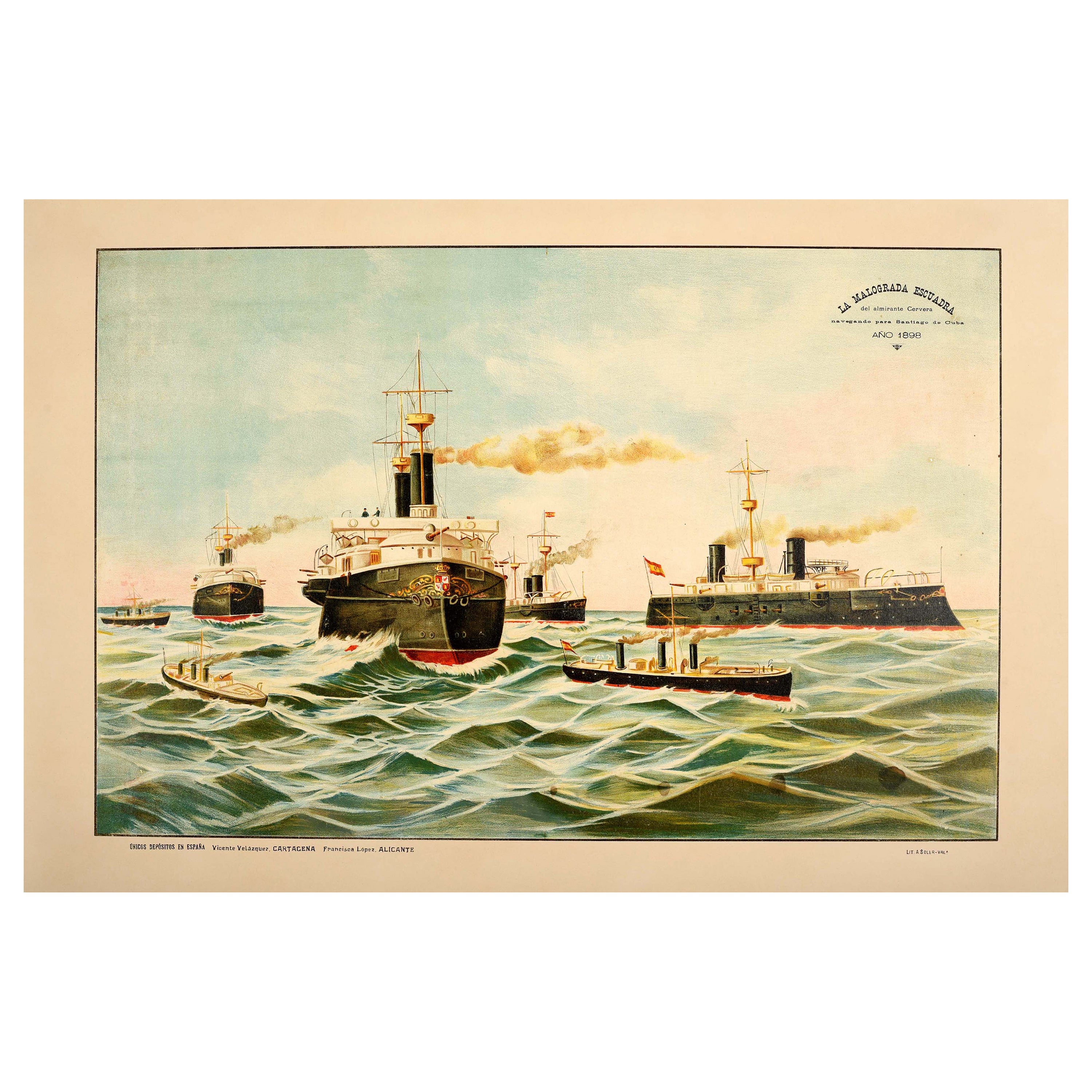 Original Antique War Poster Admiral Cervera Navy Squadron Santiago De Cuba 1898 For Sale