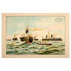 Affiche de guerre ancienne d'origine d'avant-guerre, escadron de marine de l'amiral Cervera Santiago de Cuba 1898