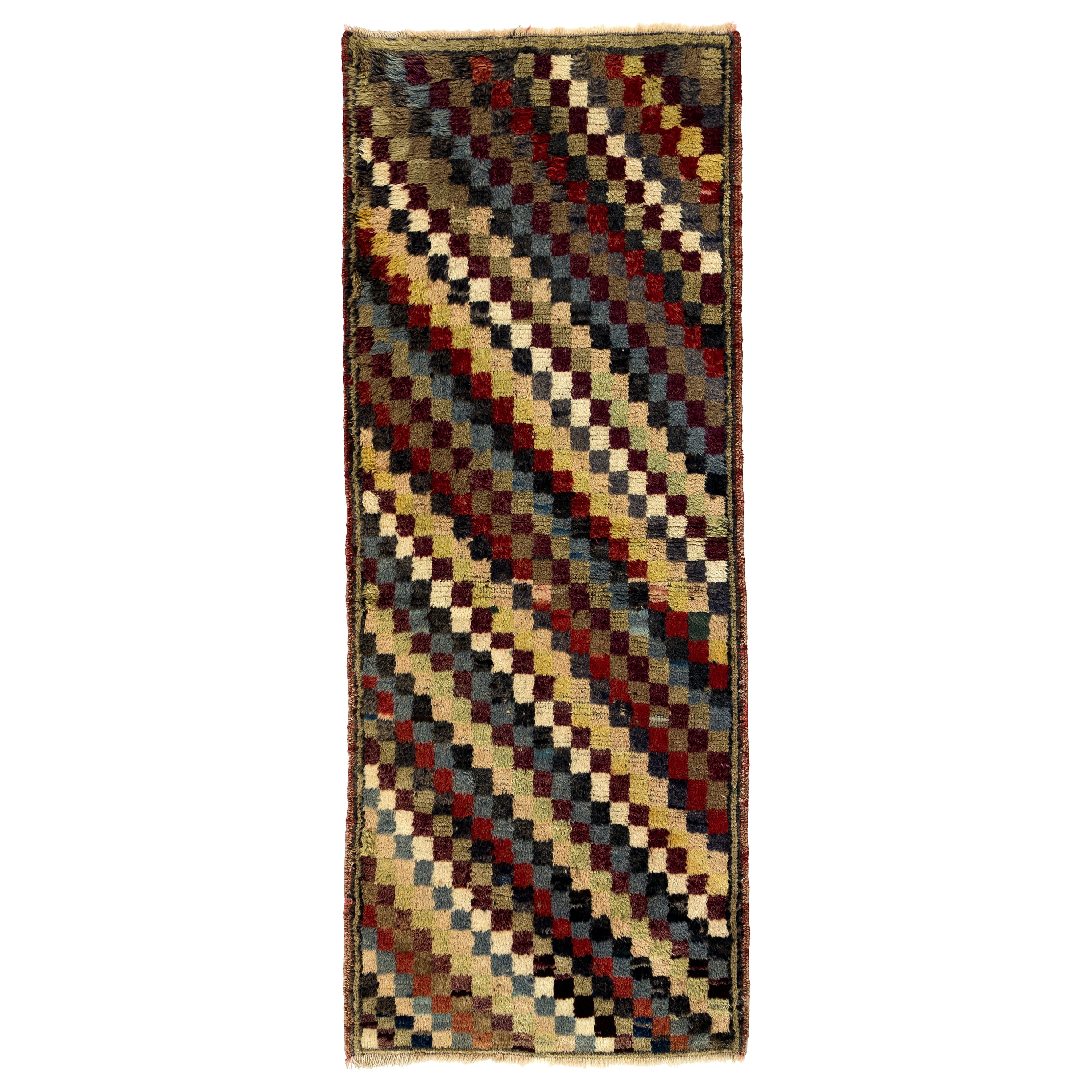 2.3x5.8 Ft Chequered Mid-Century Handmade Turkish Tulu Runner Rug, 100% Wool For Sale