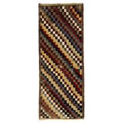 Retro 2.3x5.8 Ft Chequered Mid-Century Handmade Turkish Tulu Runner Rug, 100% Wool
