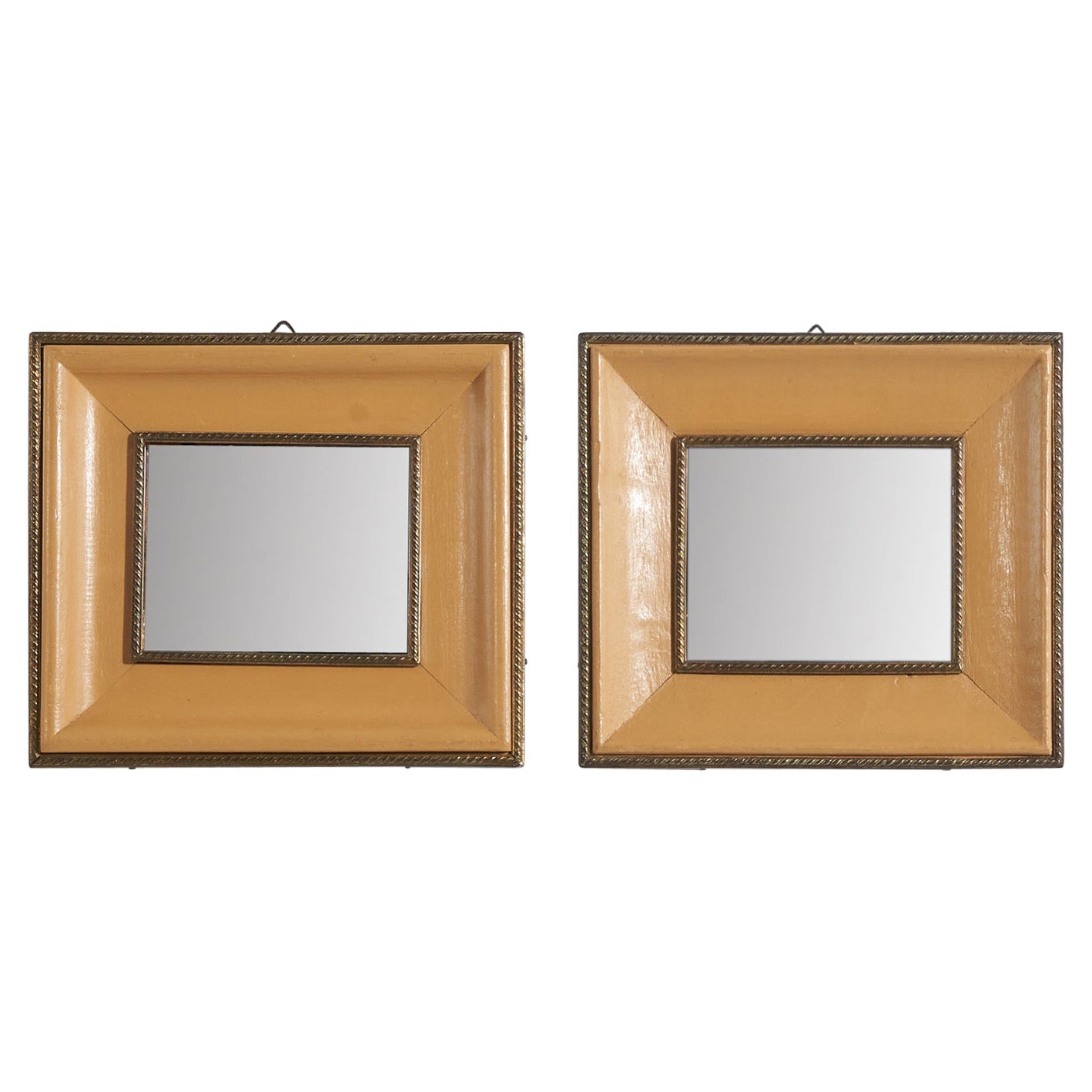 Italian Designer, Pair of Wall Mirrors, Leather, Brass, Mirror, Italy, 1940s For Sale