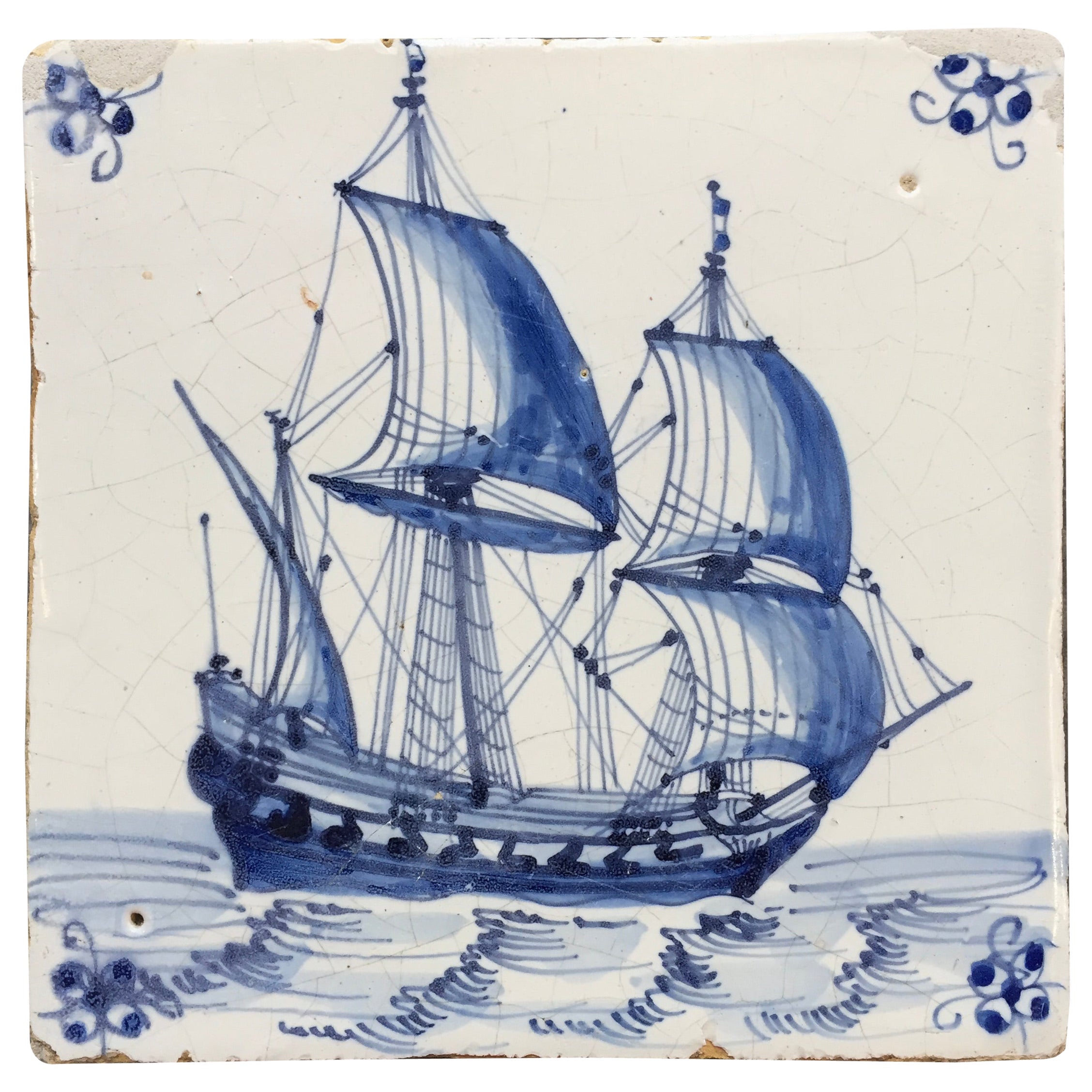 Rare Dutch Delft Tile with VOC Ship, Early 17th Century