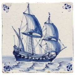 Rare Dutch Delft Tile with VOC Ship, Early 17th Century