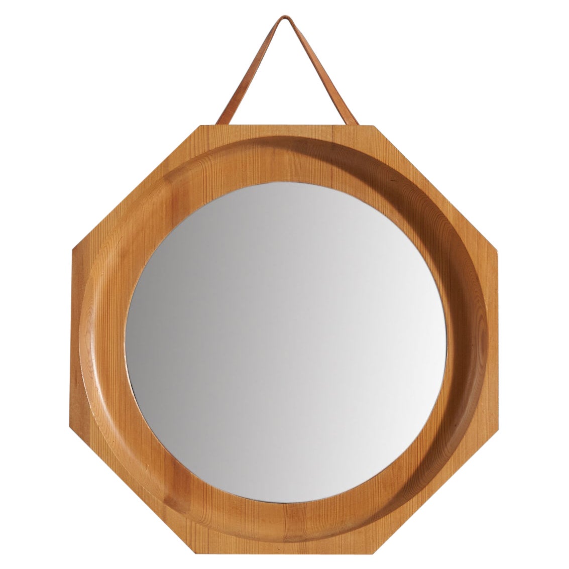 Swedish Designer, Wall Mirror, Pine Wood, Leather, Mirror, Sweden, 1940s For Sale