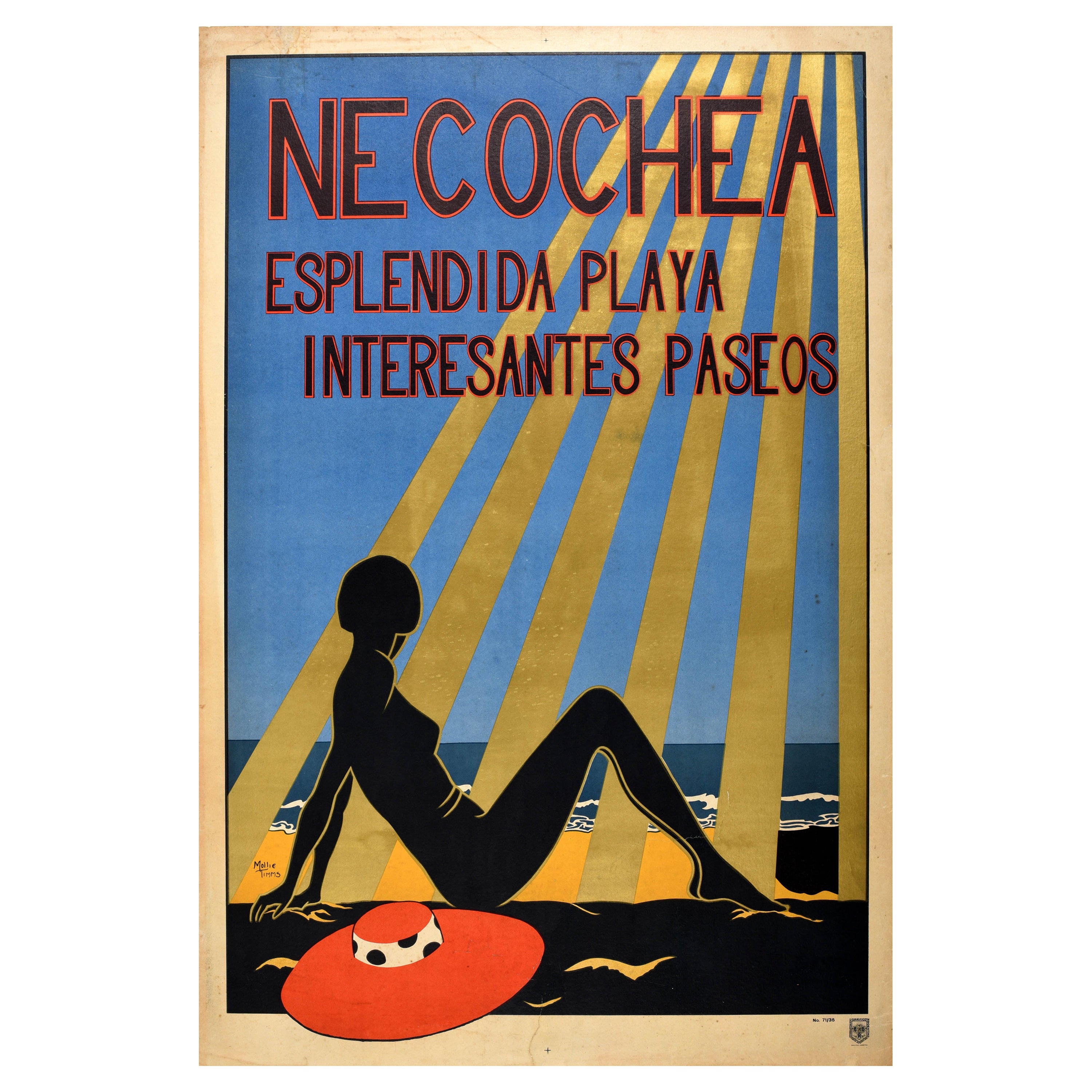 Original Vintage Art Deco Travel Poster Necochea Beach Argentina South America