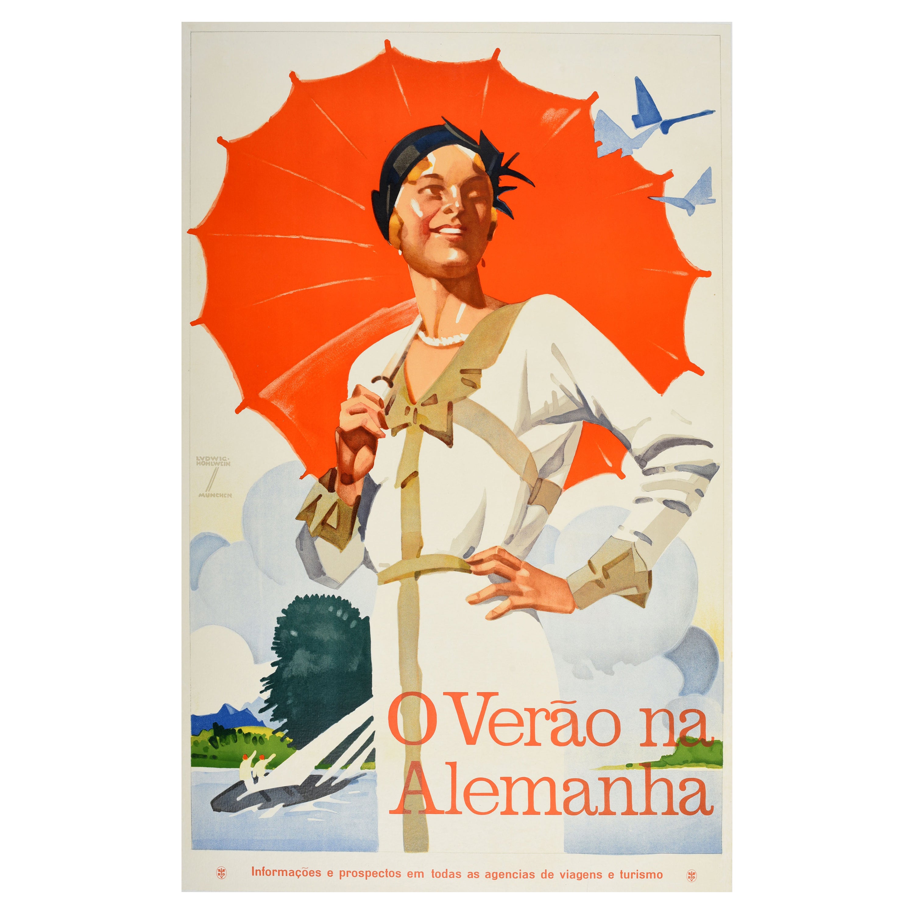 Original Vintage Art Deco Travel Poster Summer In Germany Sailing Verao Alemanha For Sale