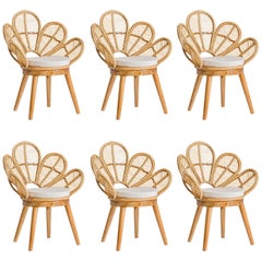 Set of Six Rattan and Wooden Flower Chairs