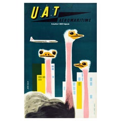 Affiche rétro originale de voyage UAT Toute L'Afrique, Afrique, Toute l'Afrique, avec Design d'autruche