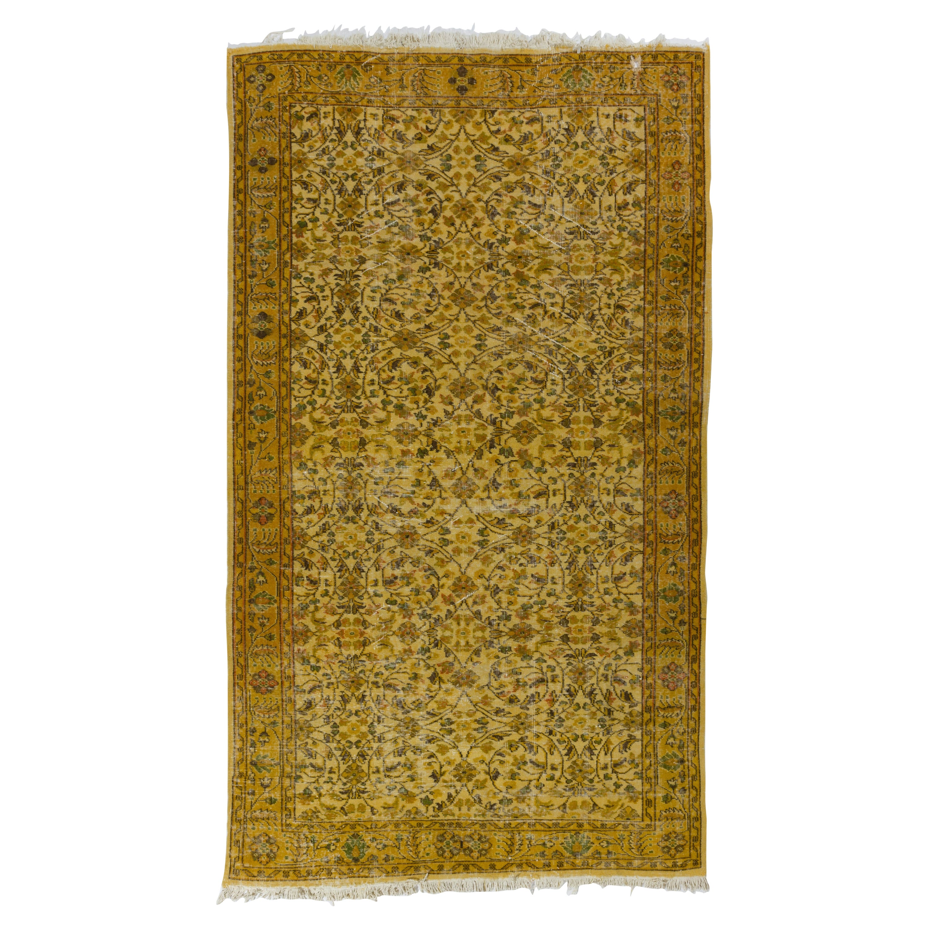 5.3x9 Ft Vintage Floral Handmade Turkish Rug in Yellow, Room Size Modern Carpet For Sale