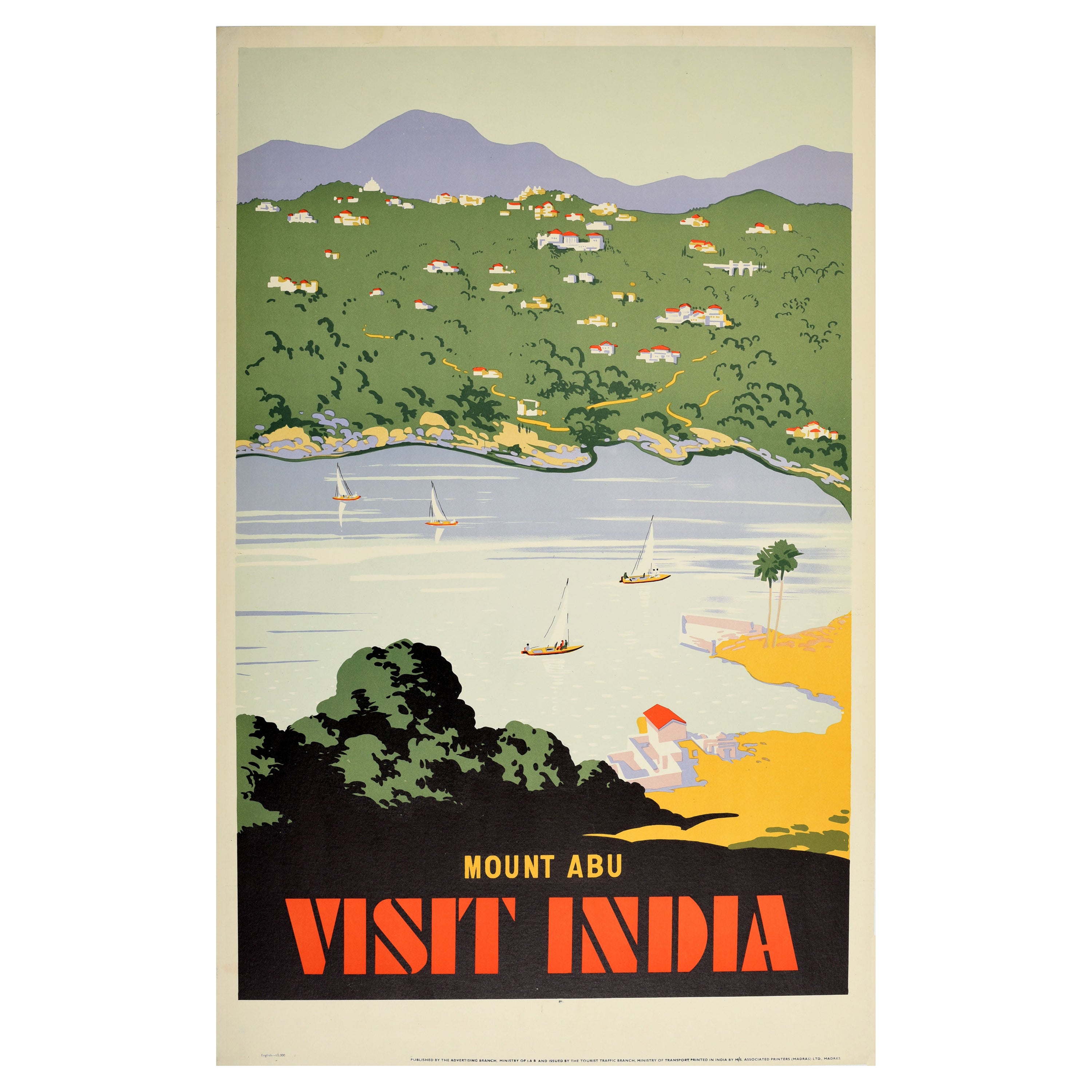 Original Vintage Travel Poster Mount Abu Visit India Sailing Hill Station Town For Sale