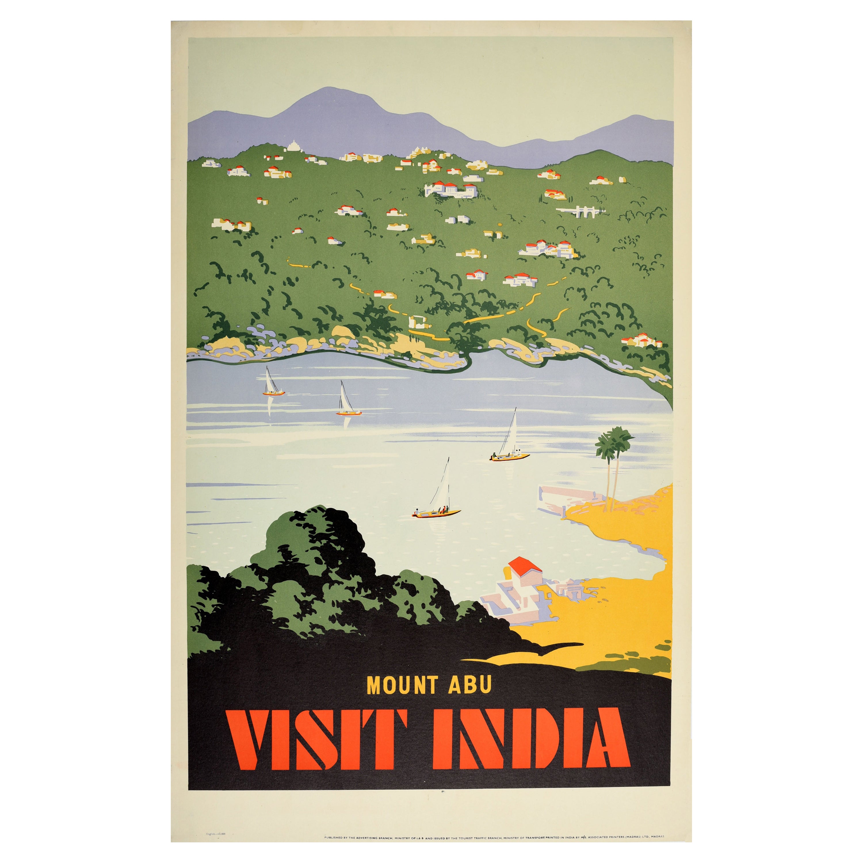 Affiche rétro originale de voyage, Mont d'Abuba, Visit India, Station navale, Voile