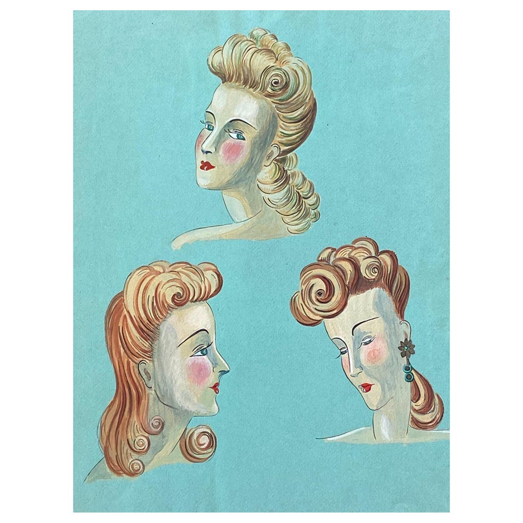 1940's French Fashion Illustration, Elegant Three Women Face Portraits For Sale