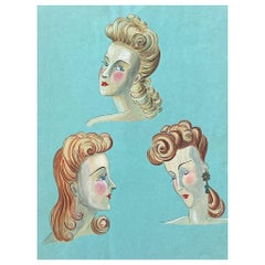 1940's French Fashion Illustration, Elegant Three Women Face Portraits