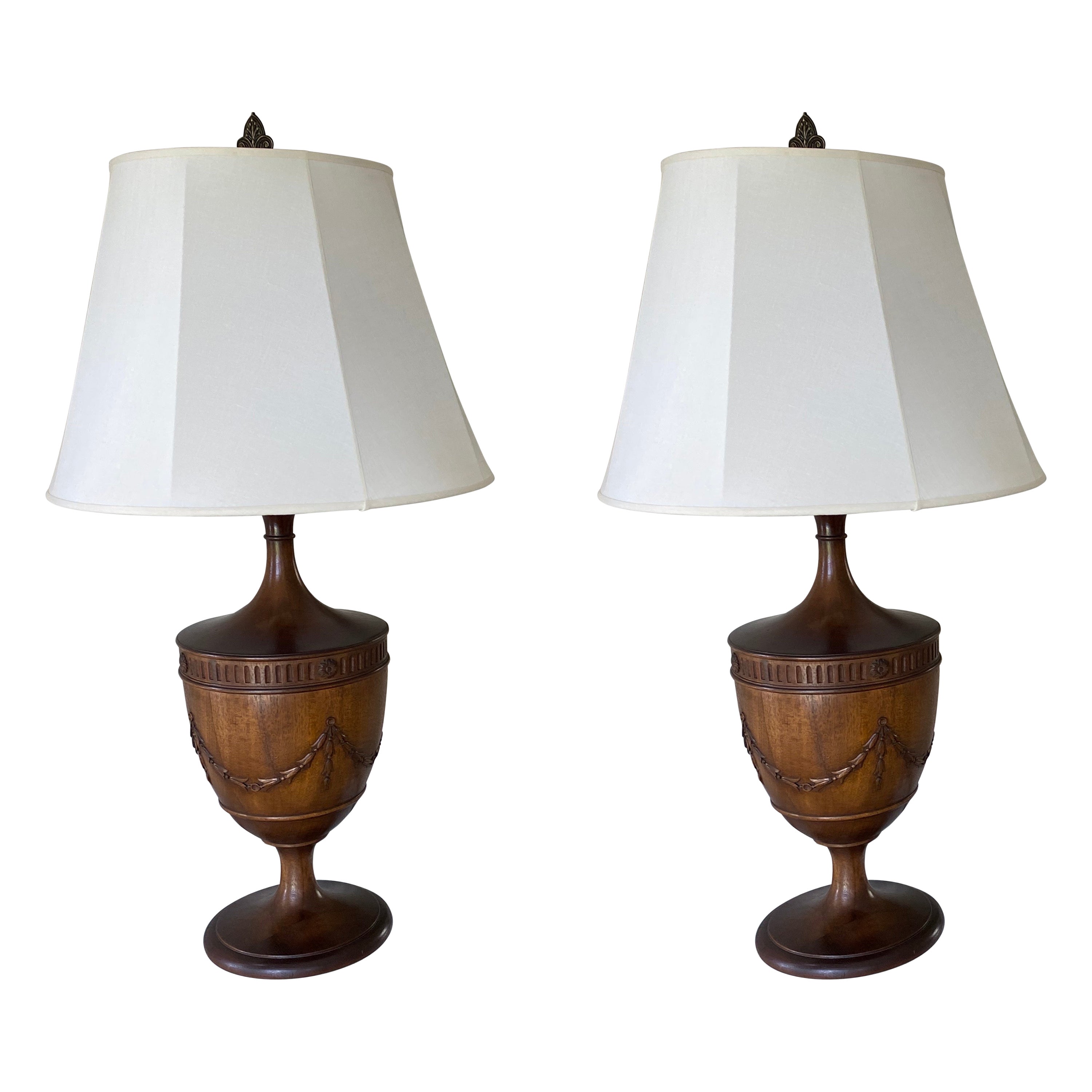 Pair of 19th Century English Oak Hand-Carved Urns Made Into Lamps For Sale