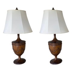 Pair of 19th Century English Oak Hand-Carved Urns Made Into Lamps