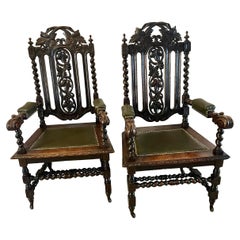 Large Pair of Antique Victorian Quality Carved Oak Throne Armchairs 