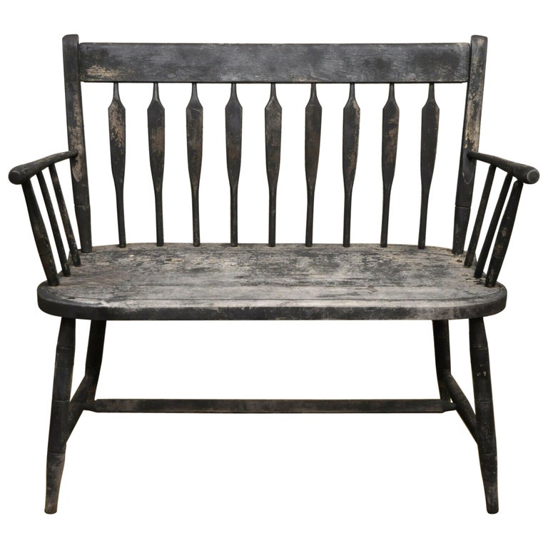 Antique Small Arrow Back Black Distress Painted Wooden Primitive Bench