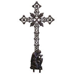 Antique 19th Century, French Polished Iron Catholic Cross with Virgin Mary Mourning